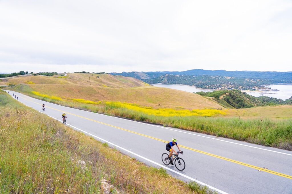 A high-angle, wide shot captures the grueling beauty of the Wildflower Experience Long Course as cyclists tackle the legendary Nasty Grade. In the foreground, a lone rider in a blue and black tri-suit pushes upward nearing the culmination of their battle up Nasty Grade, their silhouette cast against the sun-bleached asphalt of the two-lane road. The road, bisected by twin yellow lines, ribbons through rolling hills blanketed in golden grasses and vibrant bursts of yellow wildflowers. To the left of the rider, the deep blue waters of Lake Nacimiento shimmer in the valley, providing a serene contrast to the physical demand of the climb. Though hidden behind the photographer’s perspective, to the right of the rider and the hidden gem of Monterey County, is Lake San Antonio, the starting point of this journey. The vast, overcast sky and the hazy blue ridges of the distant coastal mountains underscore the quiet, persistent struggle of the athletes as they near the summit of this iconic California "destination" race.