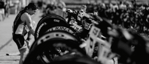 bikes racked in transitions (black and white image) for Wildflower First Timers Program
